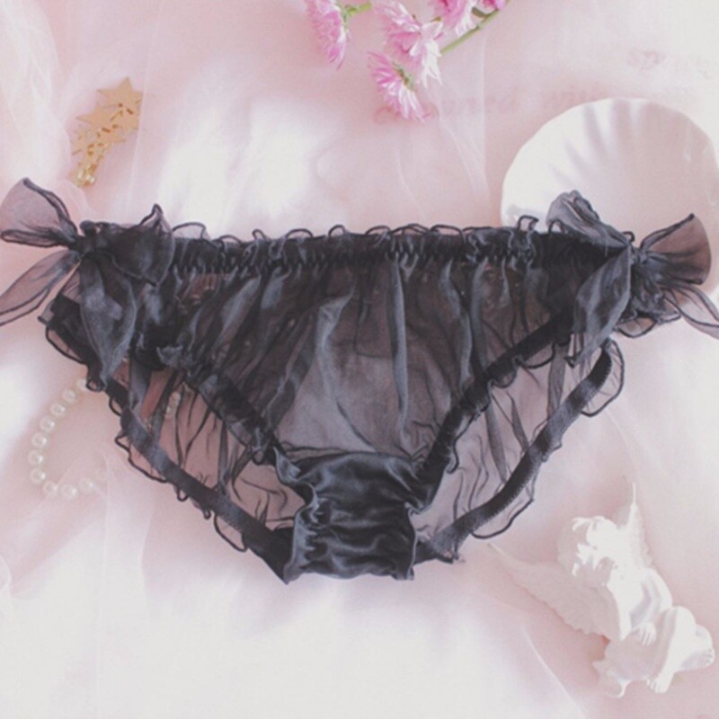 Women Girl Lolita Sheer Underwear Briefs Bow Pleated Frill Chiffon Knickers Sexy
