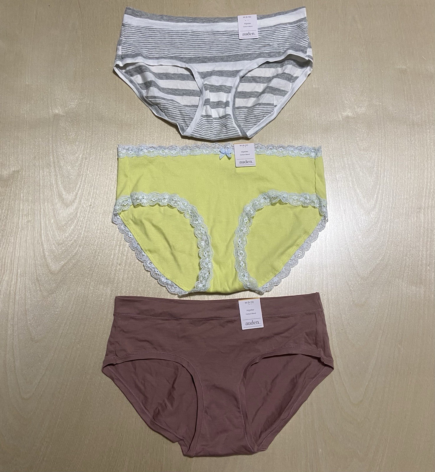 Auden Women’s Size Medium (8-10) Cotton Blend Low-Rise Hipster Panties 3 Pack