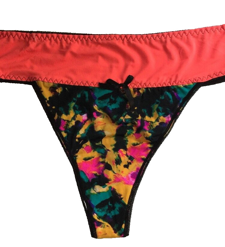 Electric Orange Thong Panties Size 4X/11 Multi Colored Floral Body Solid Waist