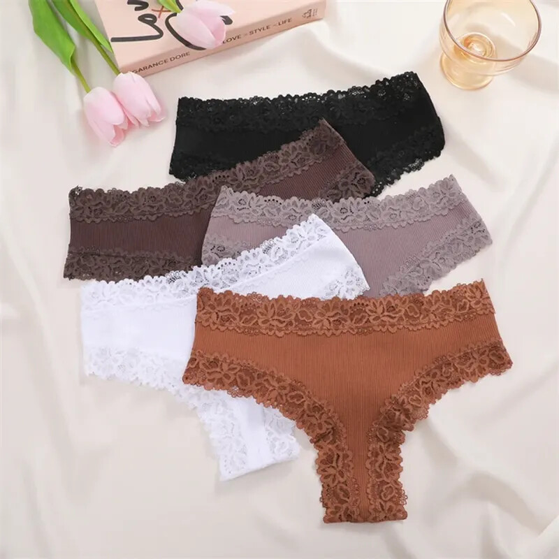 Stylish & Comfortable 5-Piece Women’s Cotton Lace Panty Set – Low-Rise Bikini