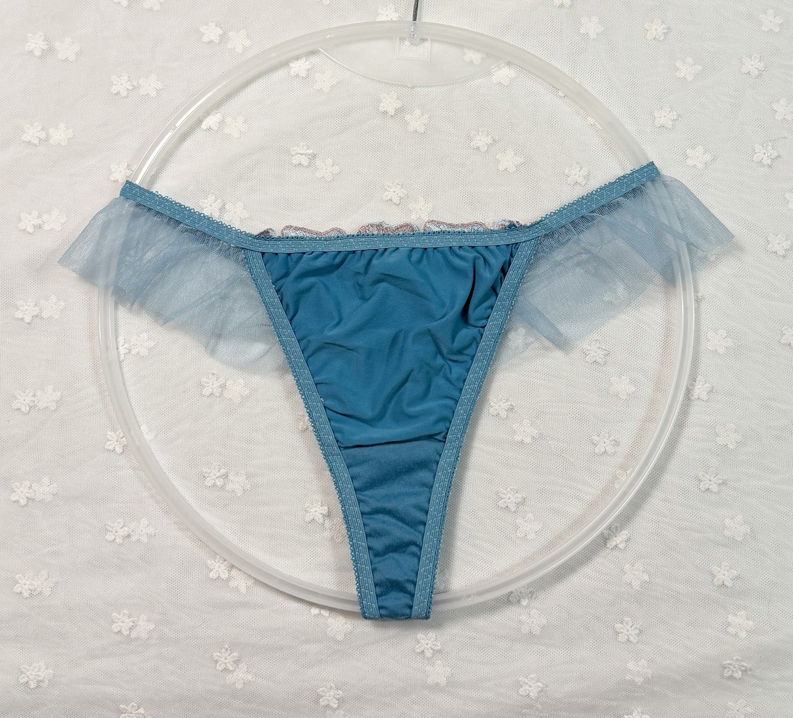 US-S/JP-L Japanese Brand Floral Embroidered Lace Ruffle Nylon Thong Panty