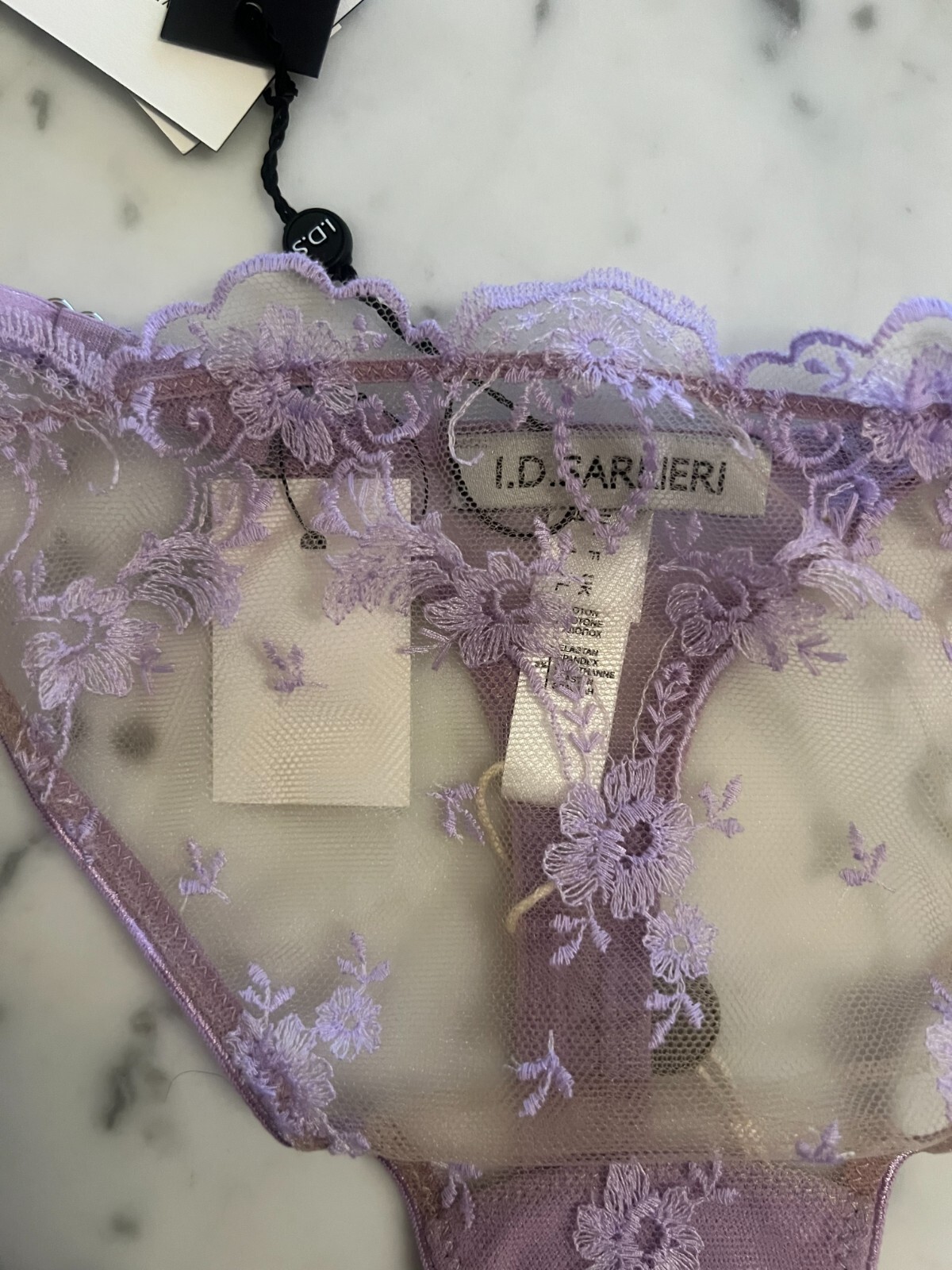 I.D. SARRIERI Petal Bloom scalloped embroidered tulle thong – Lilac Sz L – BNWT