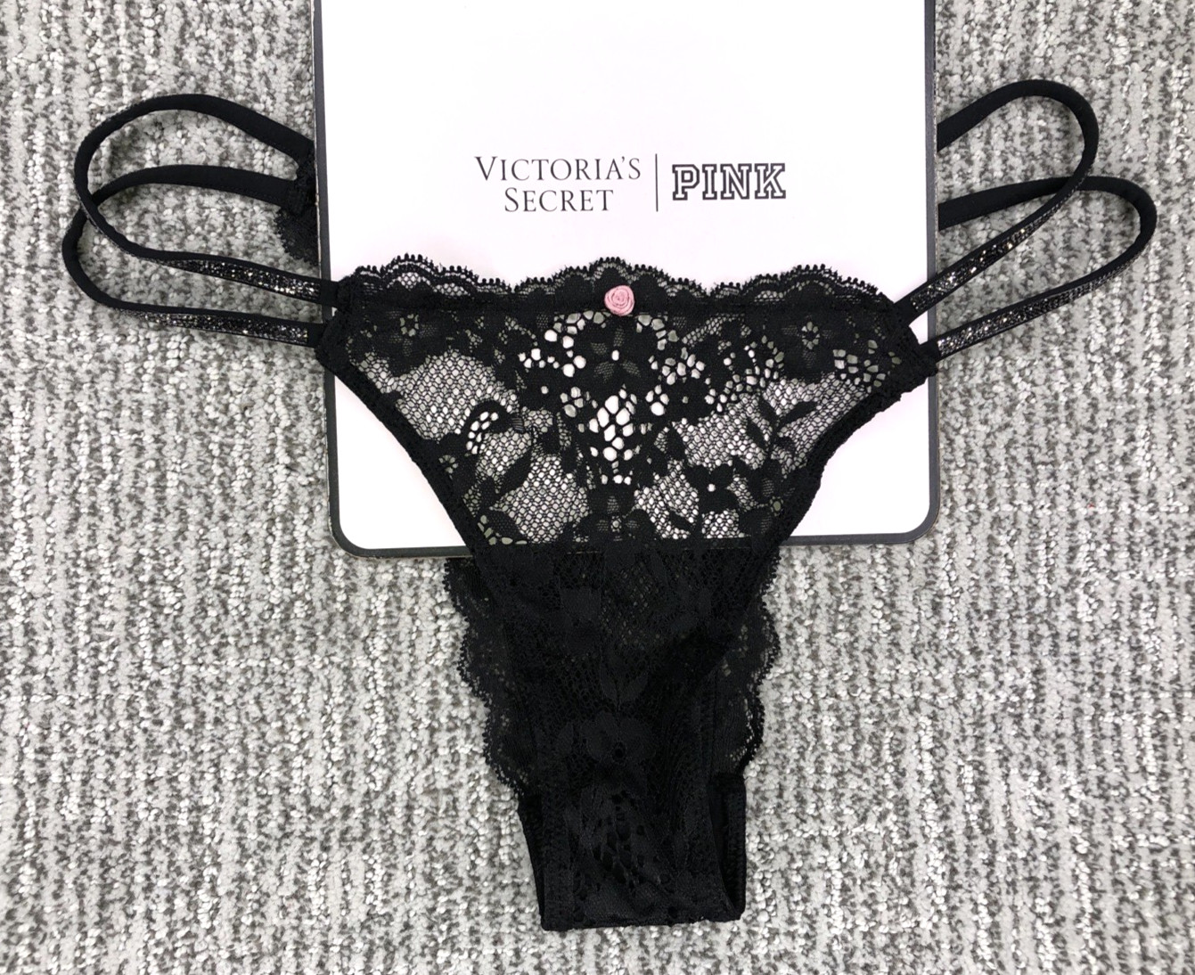 Victoria’s Secret Dream Angels NWT XL Black Lace Shine Strap Brazilian Panty