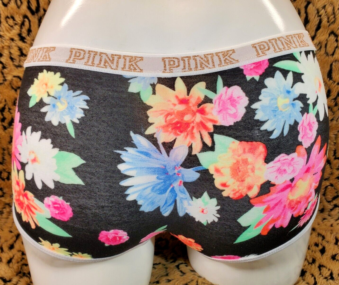 Victoria’s Secret Gold Glitter Logo Black Floral HipHugger Hipster Panty XS Sexy