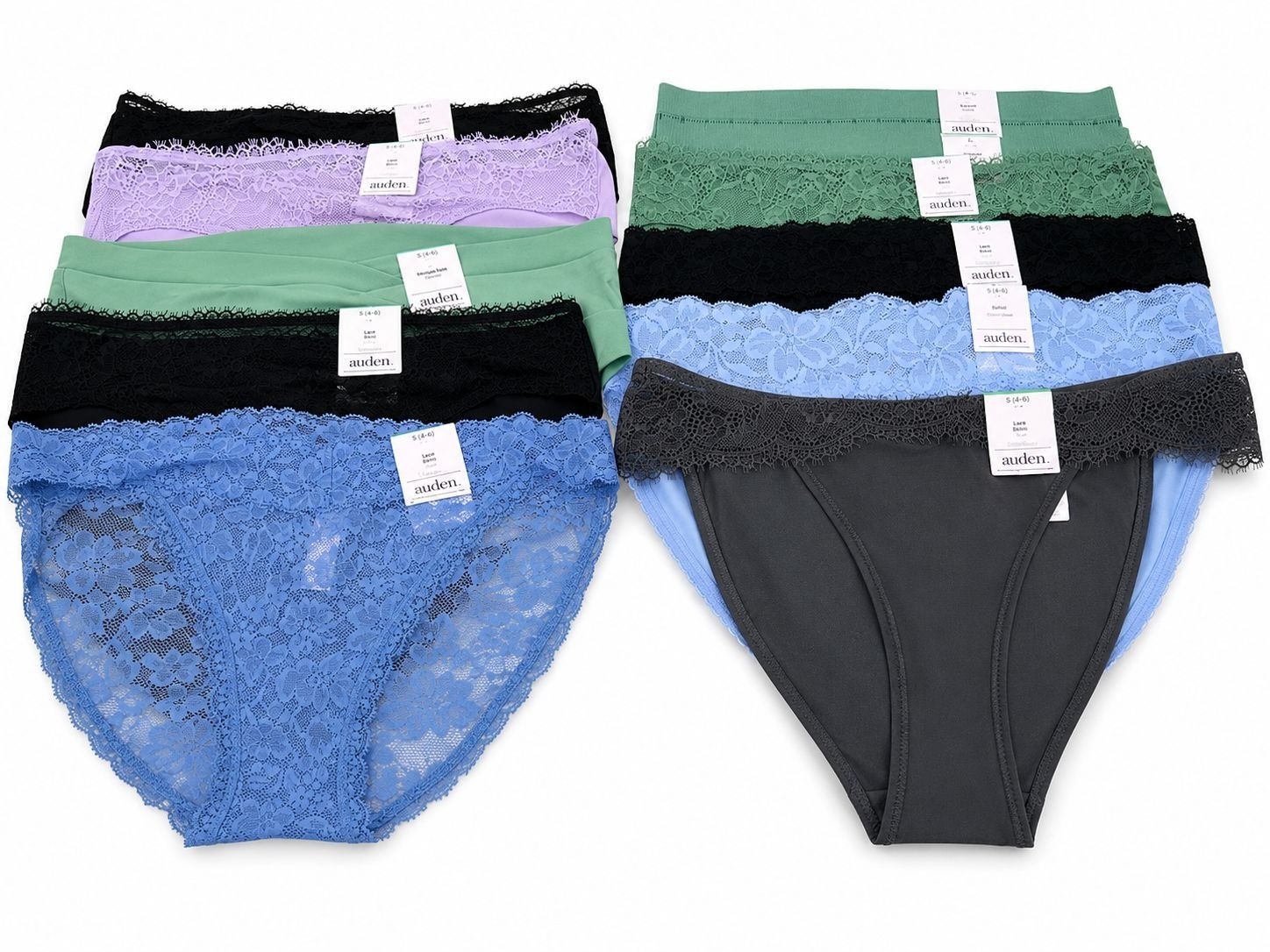 Auden 11-pr size Small 4-6 bikini panty lot—no seam, Lace, Cotton, Hipster NEW