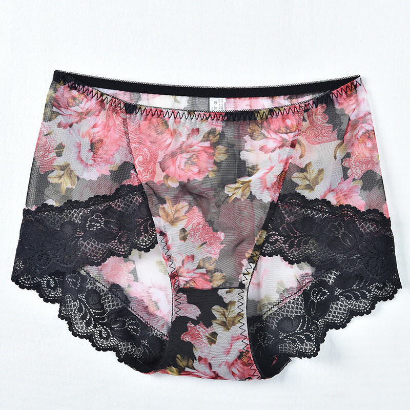 Women’s Large Size Antibacterial Breathable Printed Lace Seamless Mesh Panties