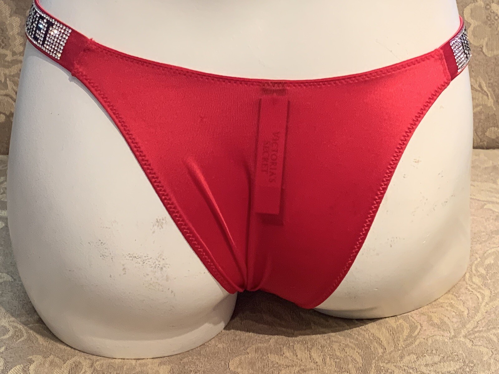 VICTORIA’S SECRET LIPSTICK RED RHINESTONE SHINE STRAP BRAZILIAN PANTIES XL
