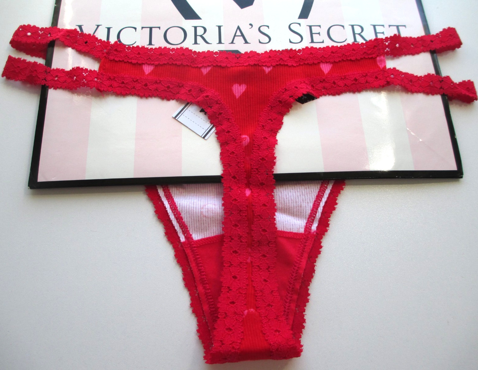 VICTORIA’S SECRET PINK Wink Strappy Cotton Thong Panty S M L Red NWT Hearts VS