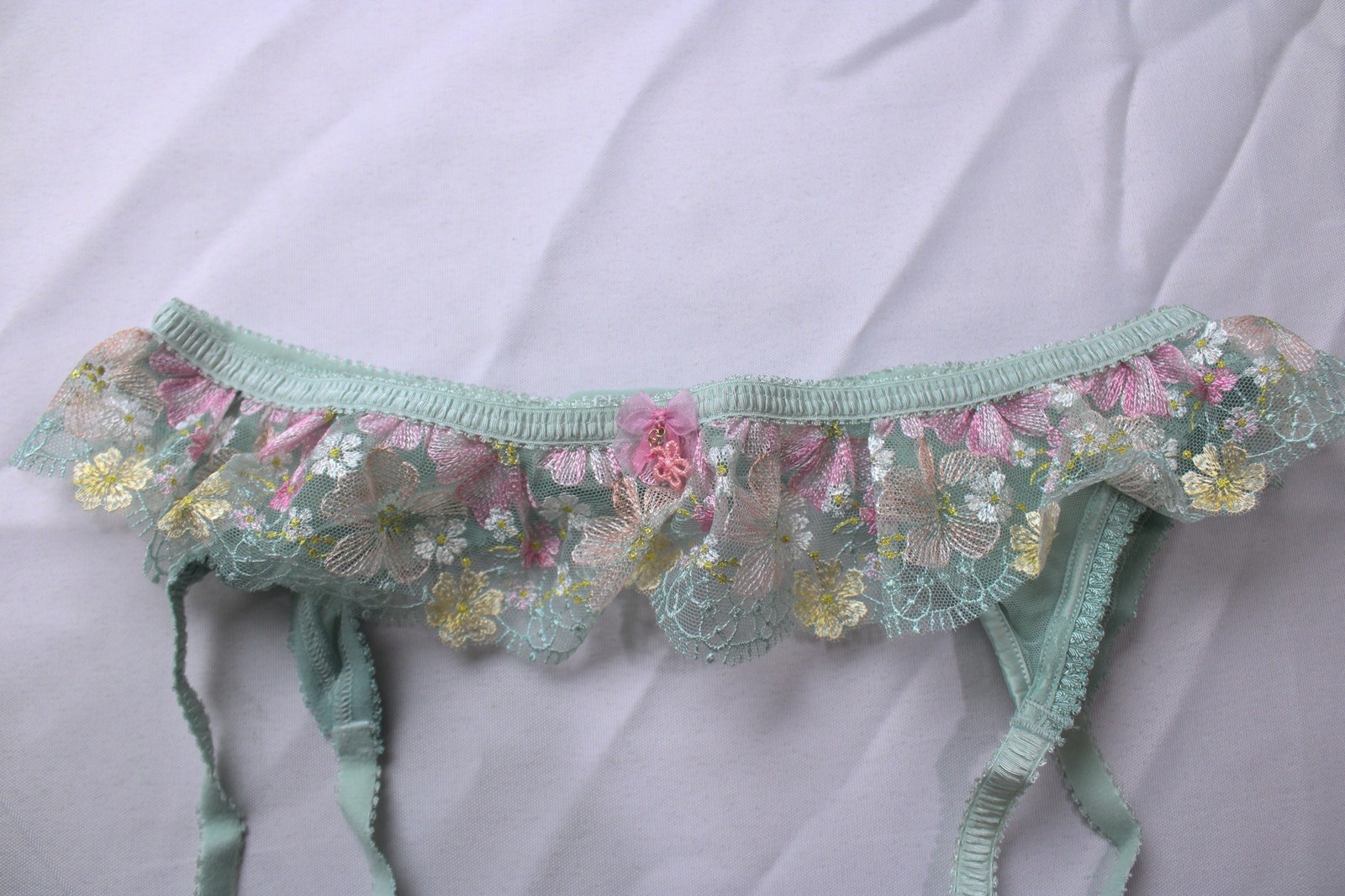 Lounge Women’s Embroidered Lace Thalia Thong and Suspender Set ZG3 Green Medium