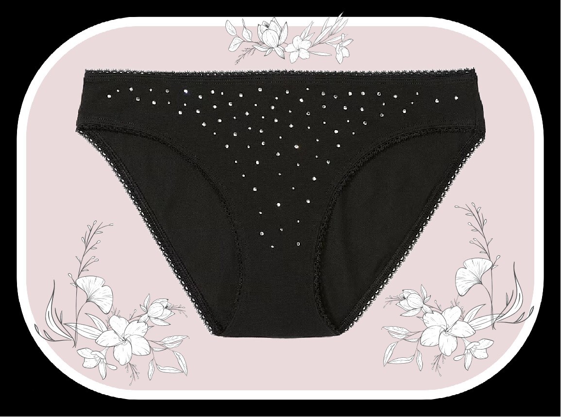S NOIR BLACK Scatter Rhinestone Stretch Cotton Victoria’s Secret BIKINI Panty