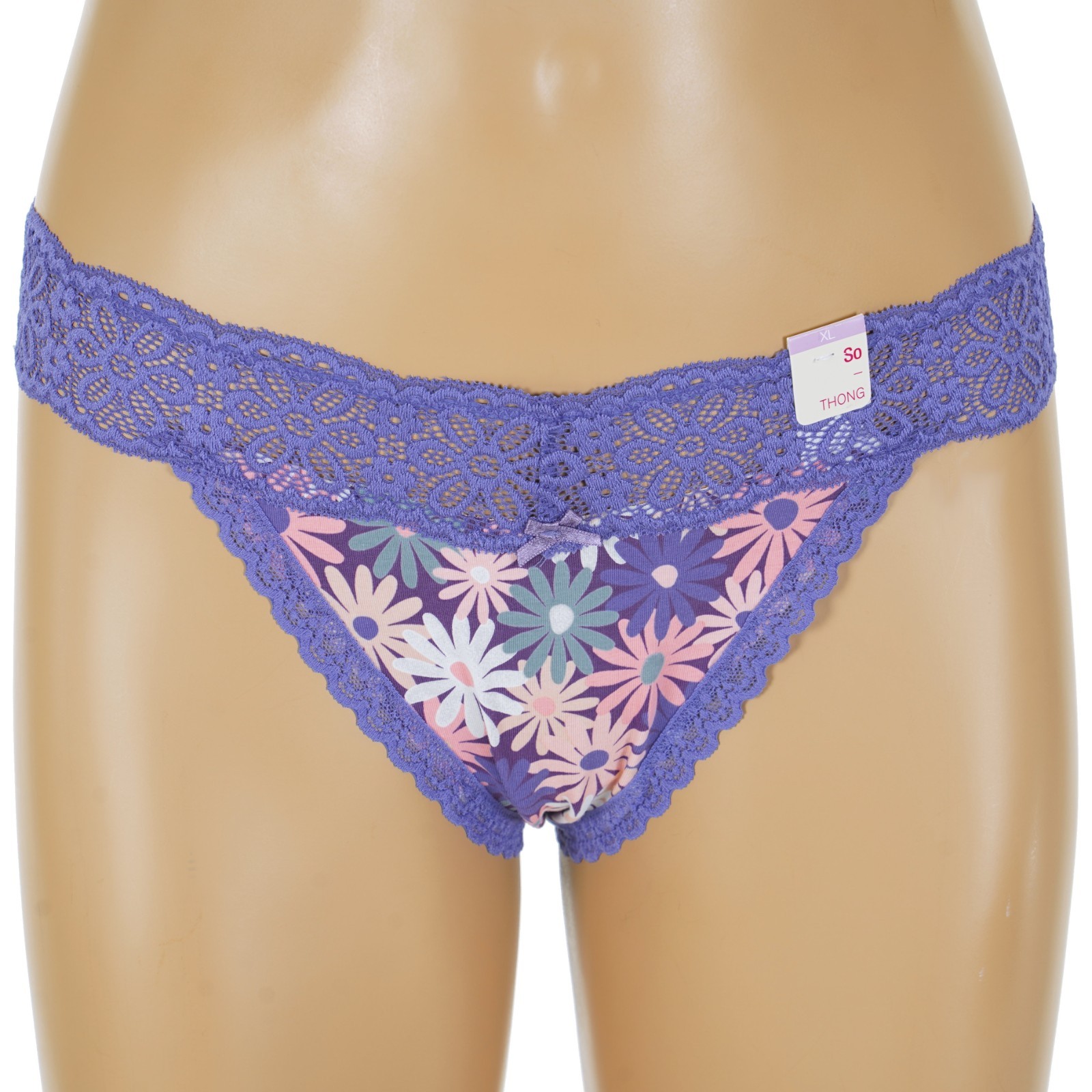 SO Junior’s Size 15-17 X-LARGE Purple LACE Daisy Flowers THONG PANTIES #SO83-010
