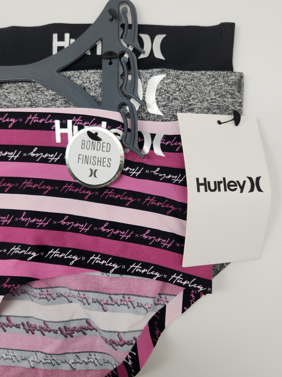 HURLEY 3 Pack Women’s L XL Bonded Finishes Panties Black Gray Pink Stripes
