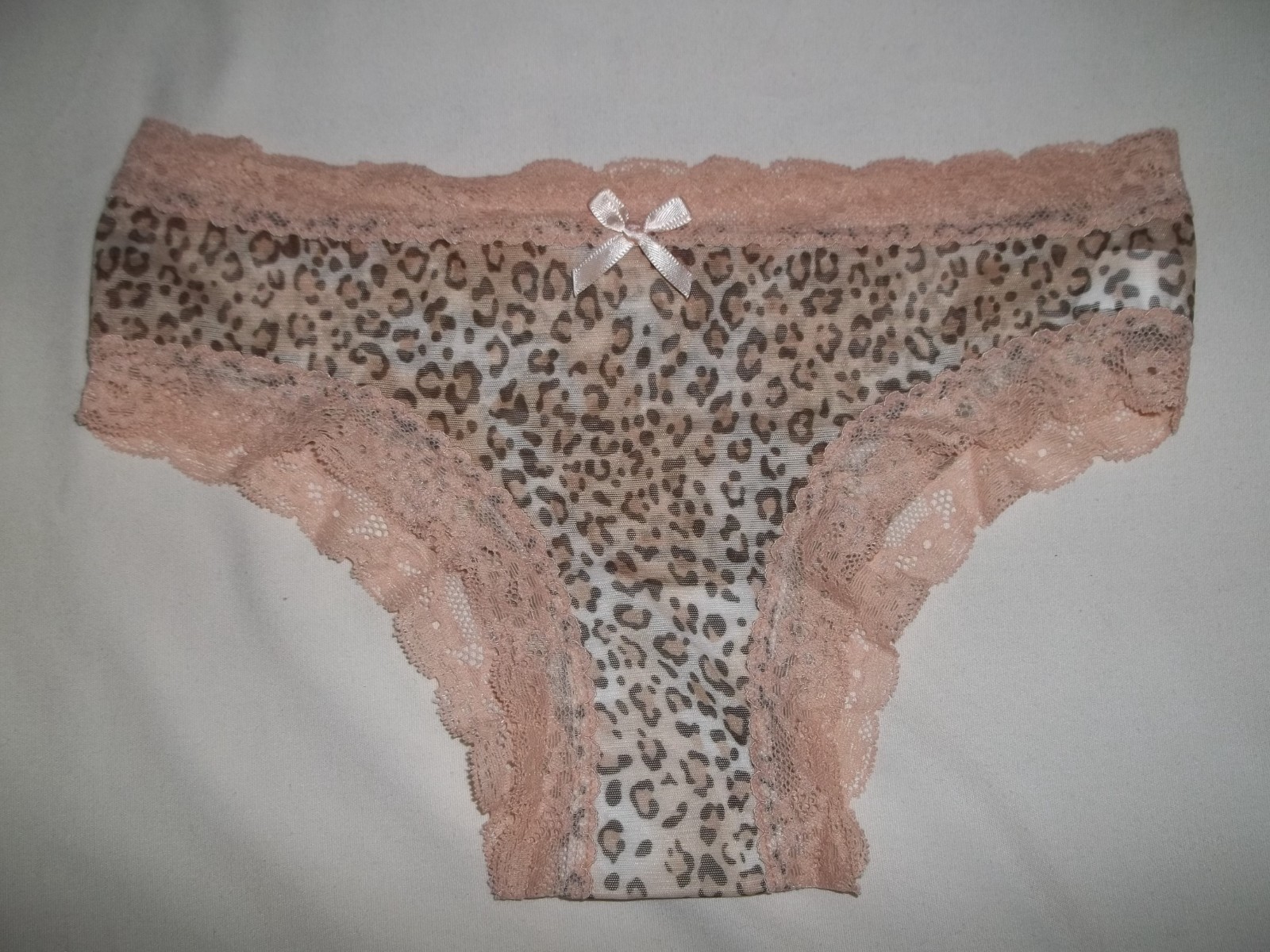 Shein lace trim sheer mesh leopard print cheeky panties S beige nip kawaii