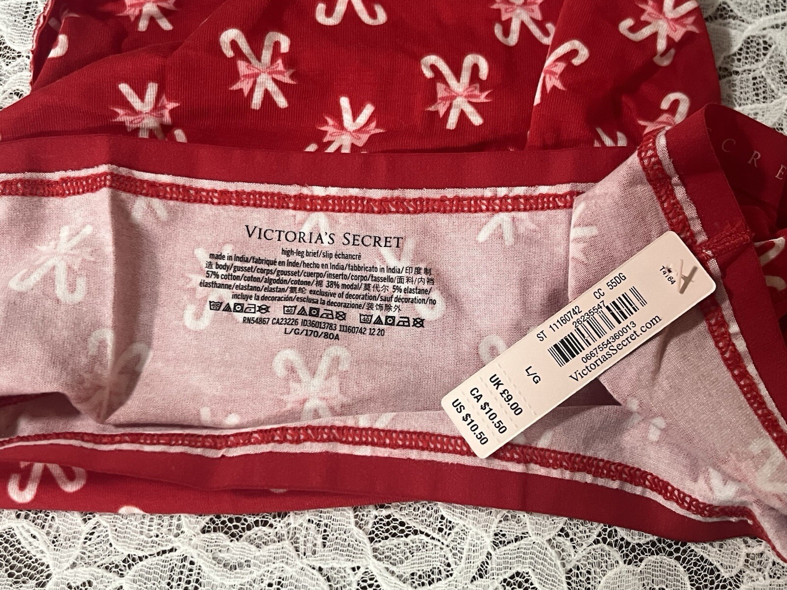 Victoria’s Secret Brief Red Candy Cane Panties Logo Waist Size Large