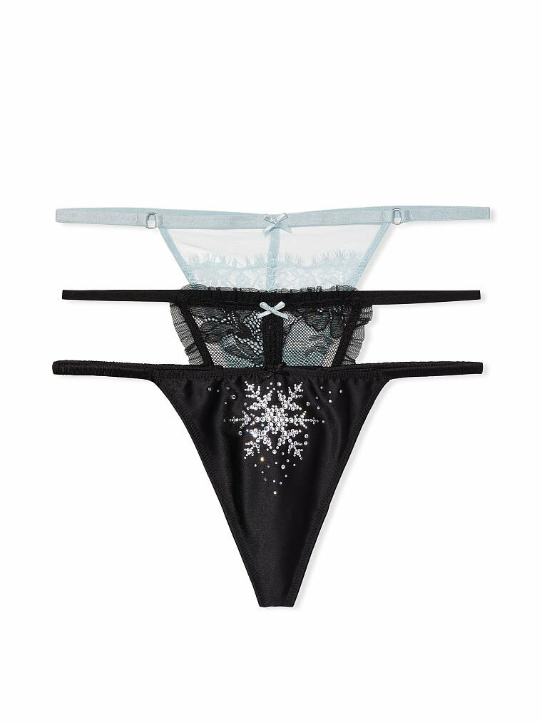 Victoria’s Secret THONG LOT 3-Pack V-String Panty black snowflake Blue Lace Mesh