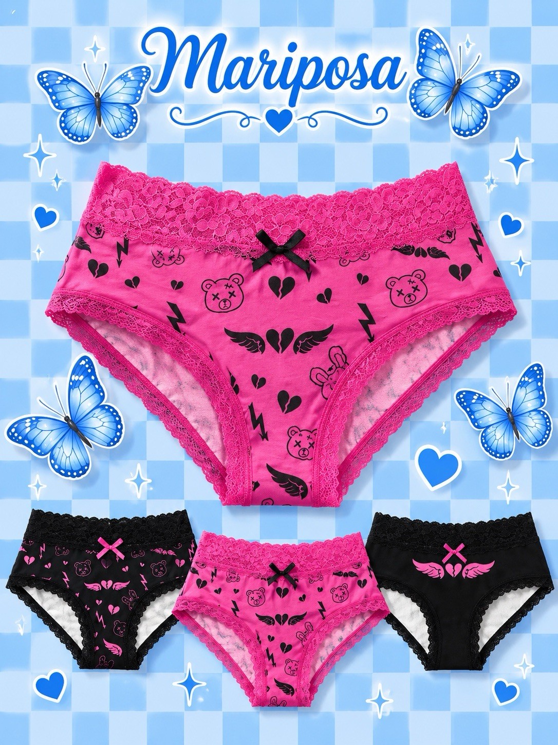 Women’s Teen Lace Brief Panties Bow Graphic Print Stretch Kawaii 3pk (6) Medium