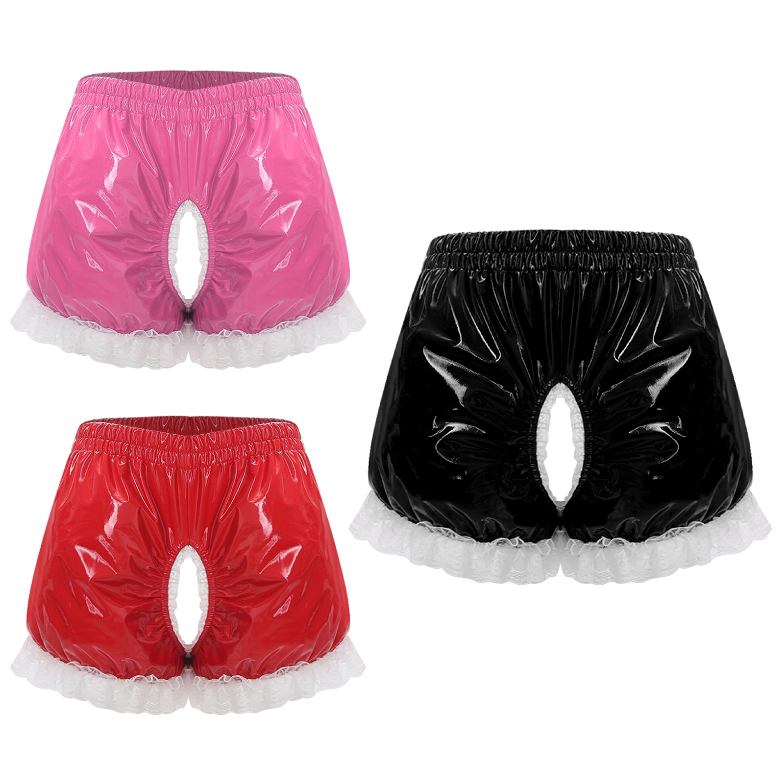 Womens Pu Leather Ruched Crotchless Shorts Floral Lace Trim Pumpkin Pantloons