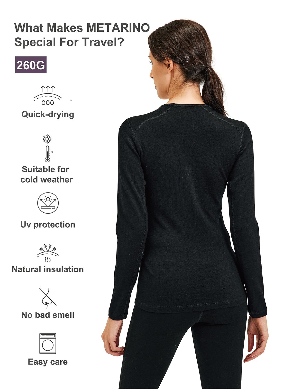 METARINOWomen’s 100% Merino Wool Base Layer Shirt Long Sleeve Thermal Underwe…