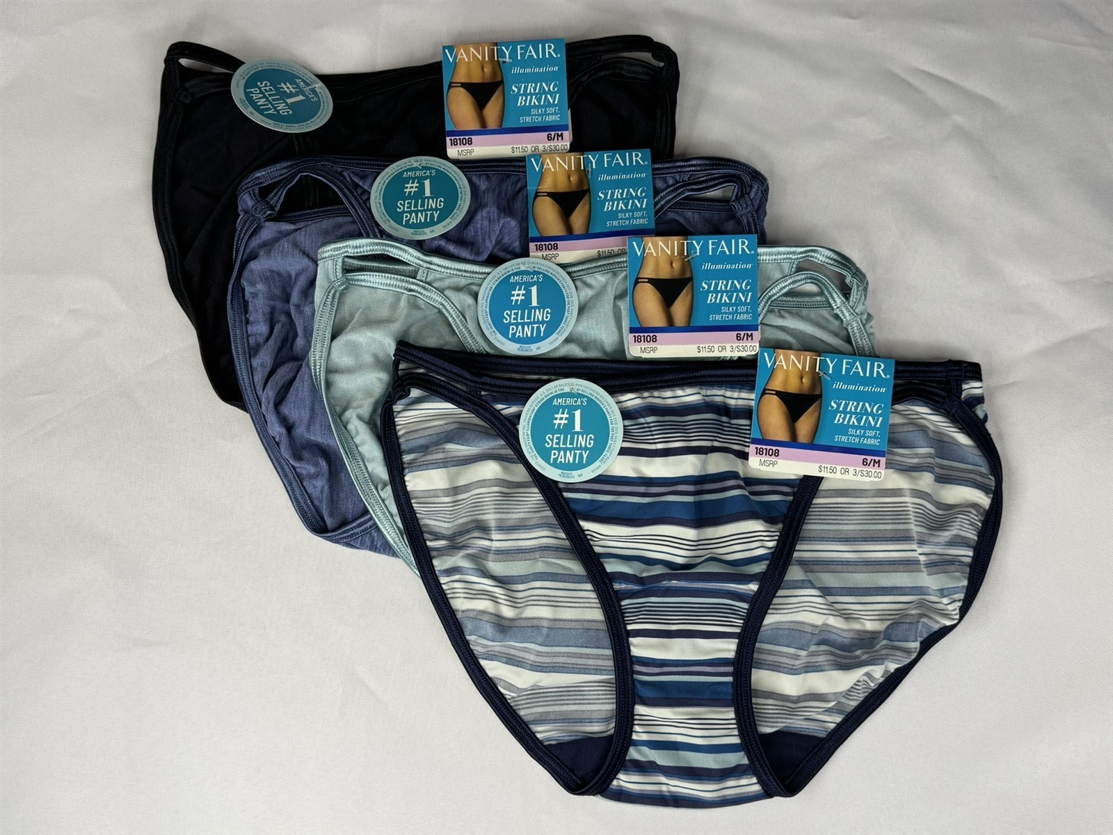4 Vanity Fair Illumination 6 M Black/Blue/Aqua/Striped Bikini Panty NWT