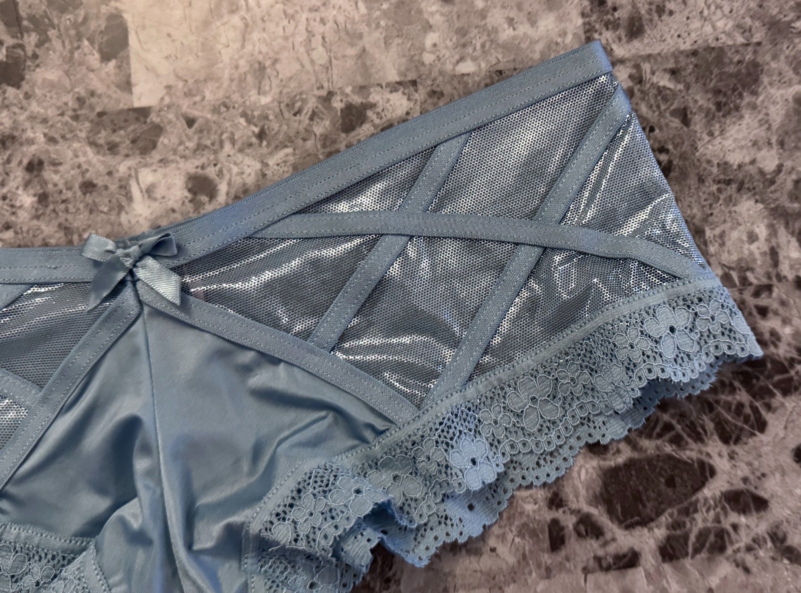 VICTORIA’S SECRET S SMOOTH BLUE SILVER SHINE SHIMMER MESH RARE CHEEKY PANTIES