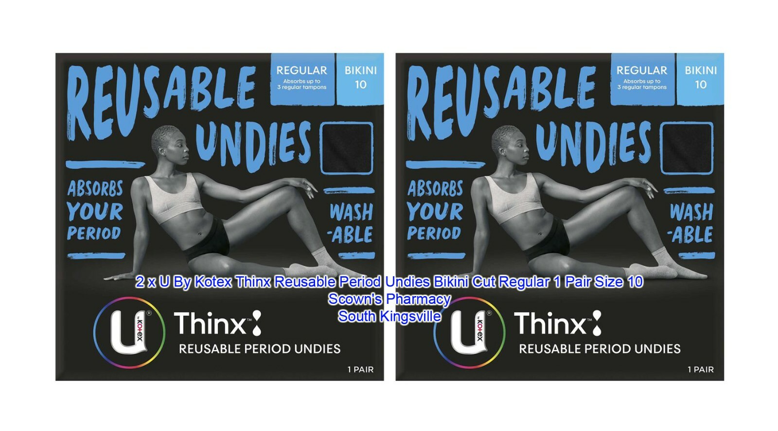 2 Pair U By Kotex Thinx Reusable Period Undies Bikini Cut Regular Size 10