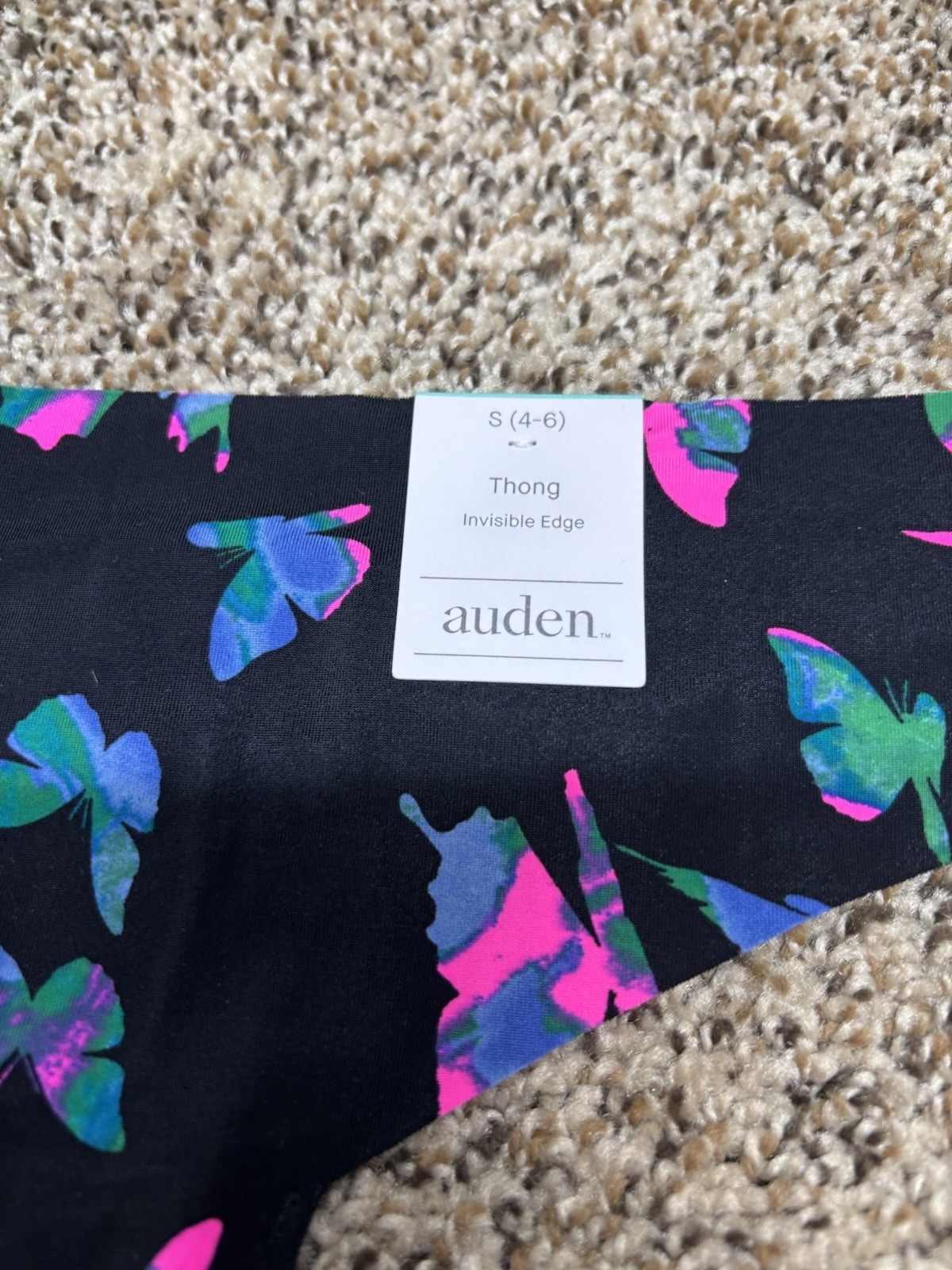 Auden Black/Multi-Color Invisible Edge Thong w/ Butterflies. Size: S (4-6).