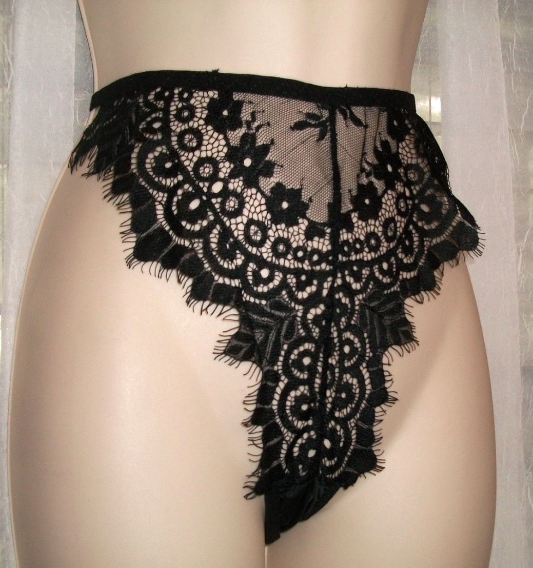 NEW HI CUT WAIST BLACK EYELASH LACE SZ M STRING BIKINI STRETCH PANTY~ADJBL SIDES