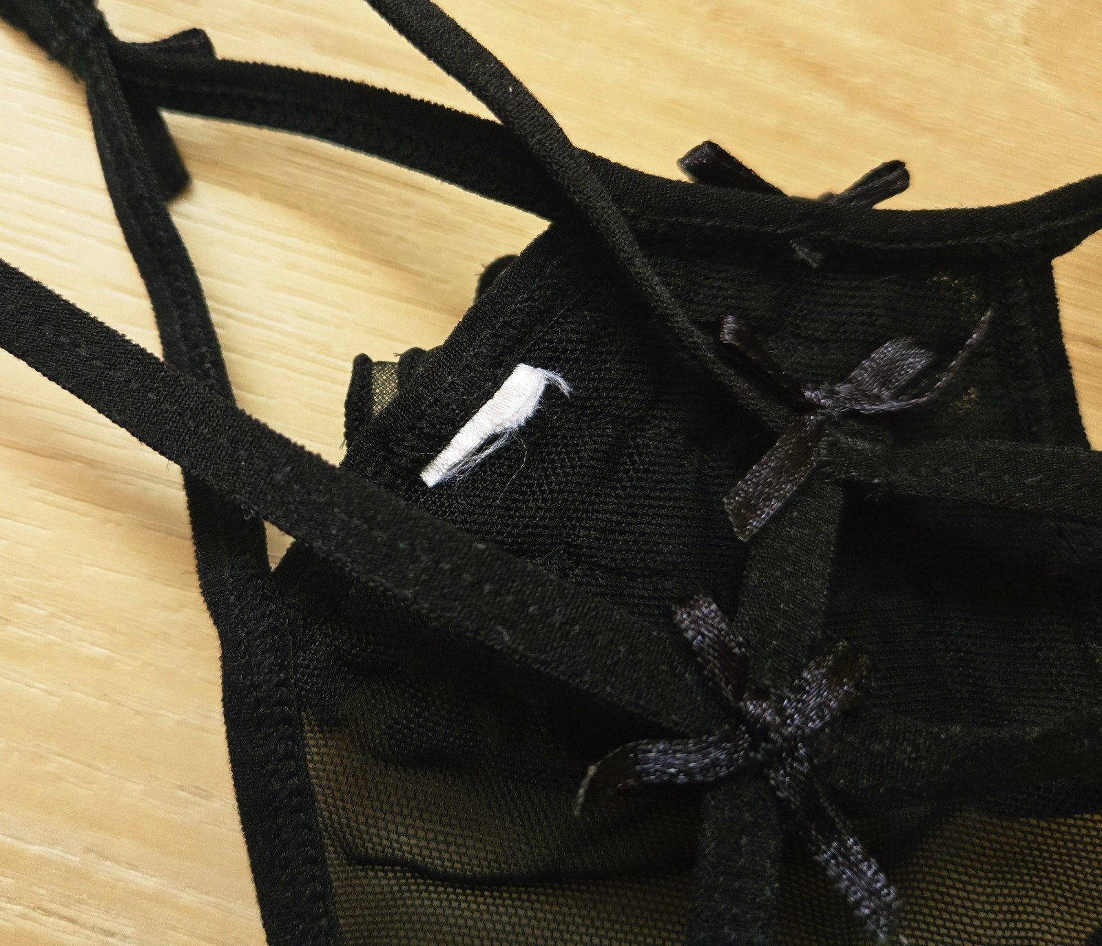 Black Sheer Ruffled Mesh Double Strap String/Thong Panties Bows M *READ*
