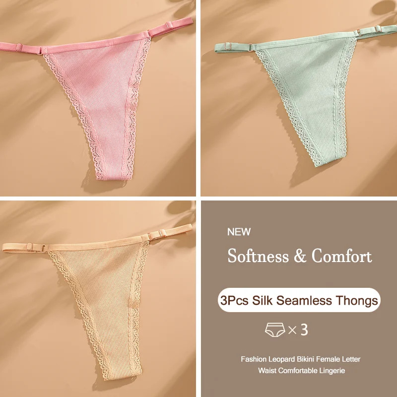 Low Rise Thong Panties Cotton Seamless Stretch Breathable Adjustable Fit 3PCS