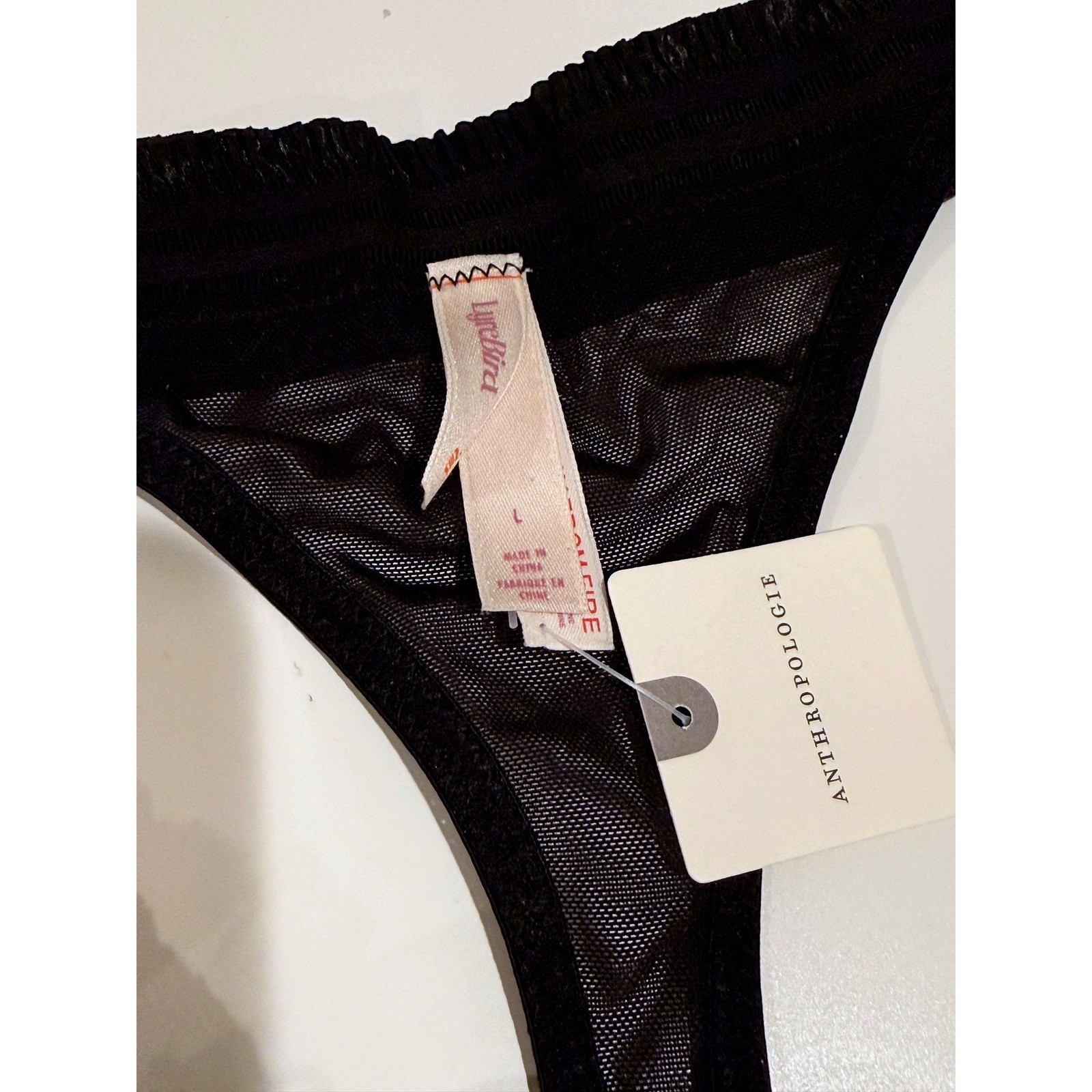 Anthropologie Embroidered Floral Mesh Thong Panty Black Large NWT