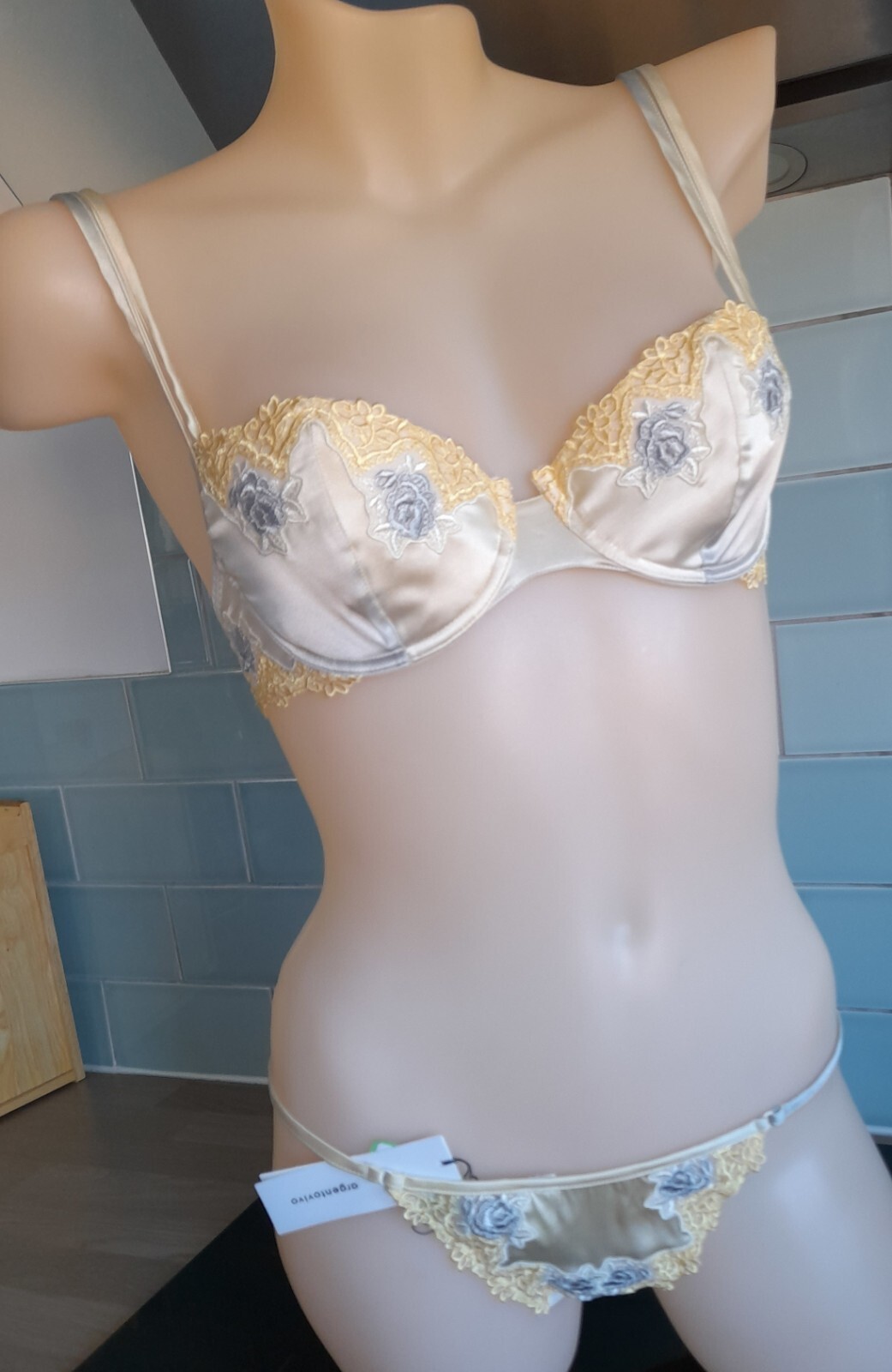 Argentovivo PARINA Silk/Sheer Ivory Mesh Gold/Silver Rose Embroidered G-String