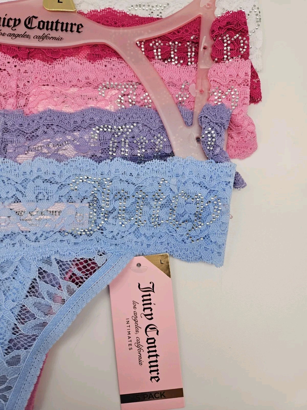 JUICY COUTURE Women L XL 5Pk Lace Rhinestone Logo Thong Panties Pink White Blue