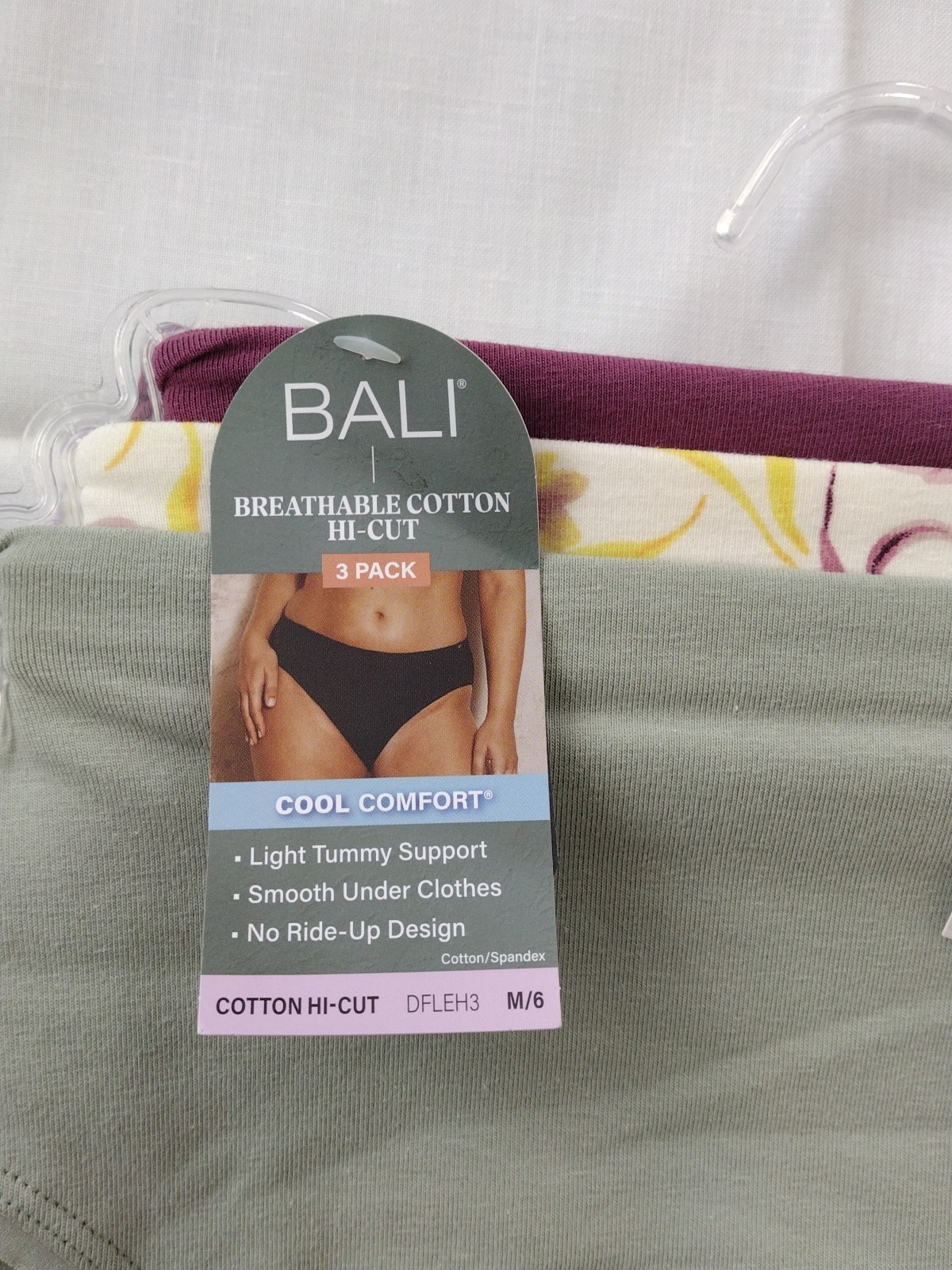 Bali M/6 ASSORTED COLORS DFLEH3 Cotton Collection Hi-Cut Panty – 3 Pack NWT