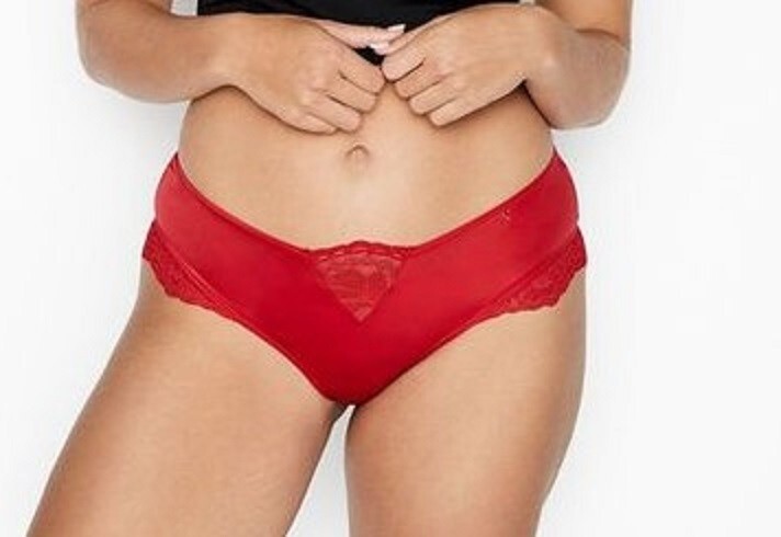 Victoria’s Secret Red Micro Lace Inset Cheeky Panty Size M Logo V Solid Color