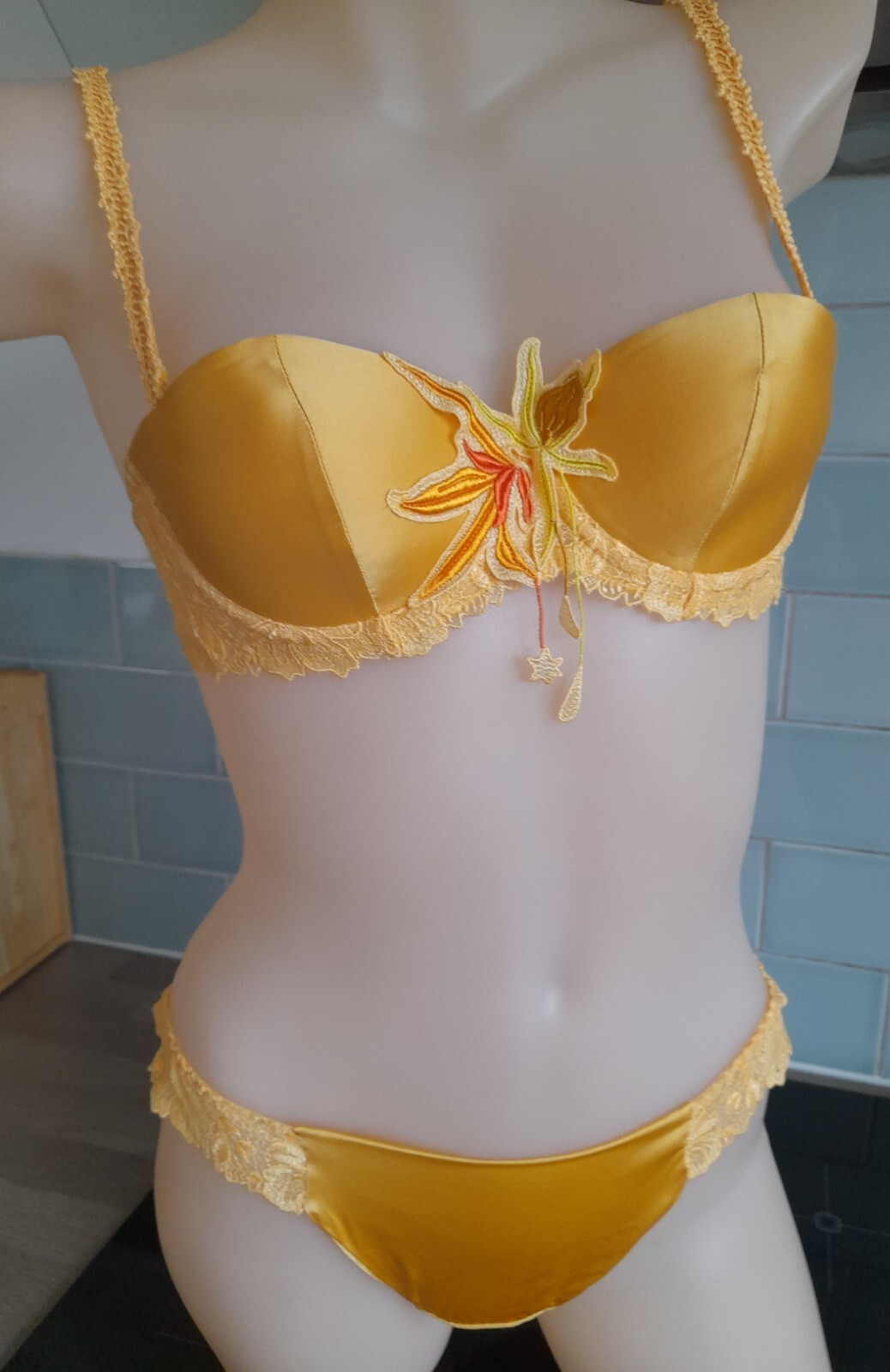 Ravage Yellow Equateur Satin/Embroidered Mesh TRIGONE Thong XS