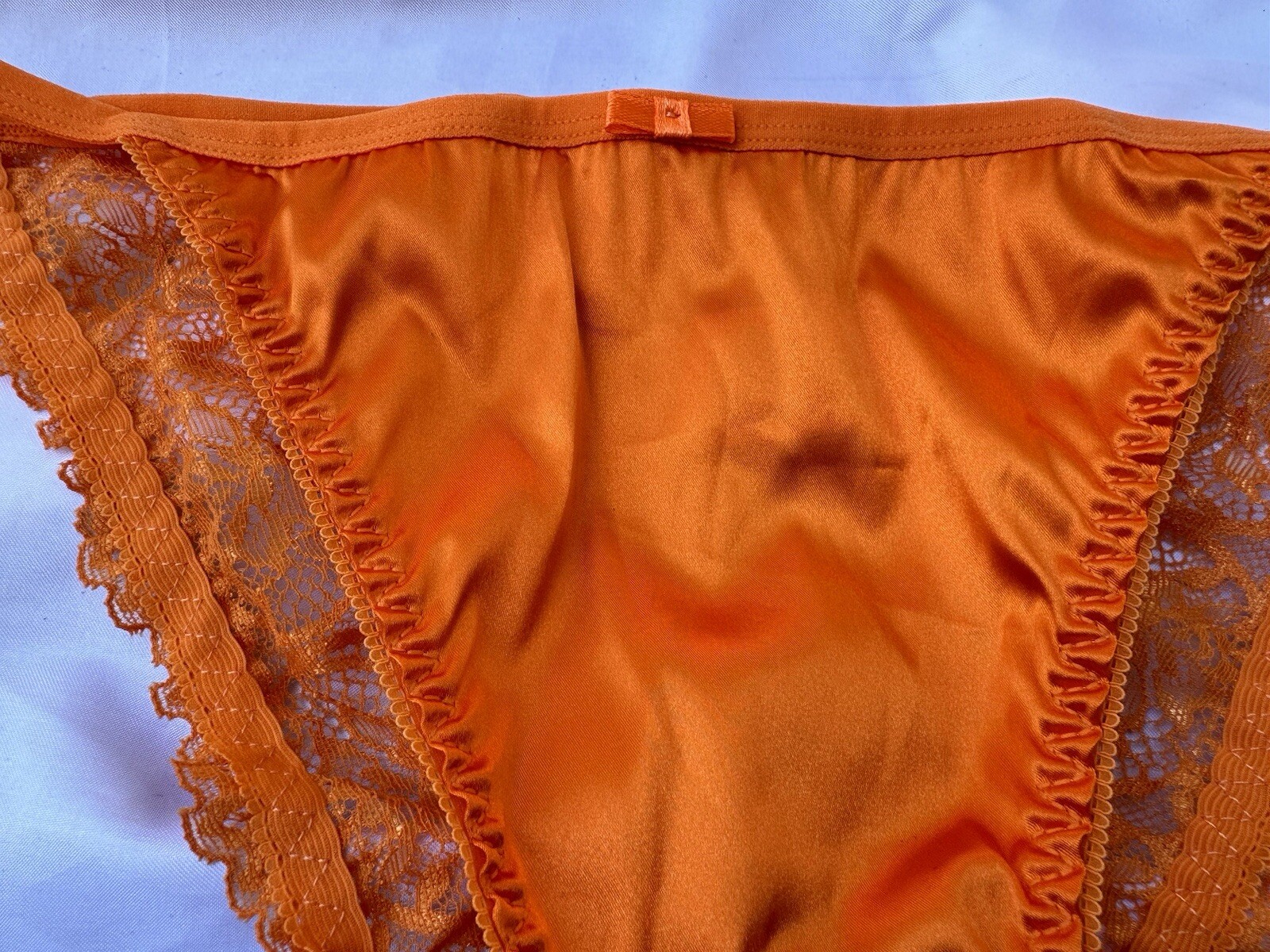 Bright Fall Orange Satin String Bikini Panties Delicate Lace Back Sz Medium