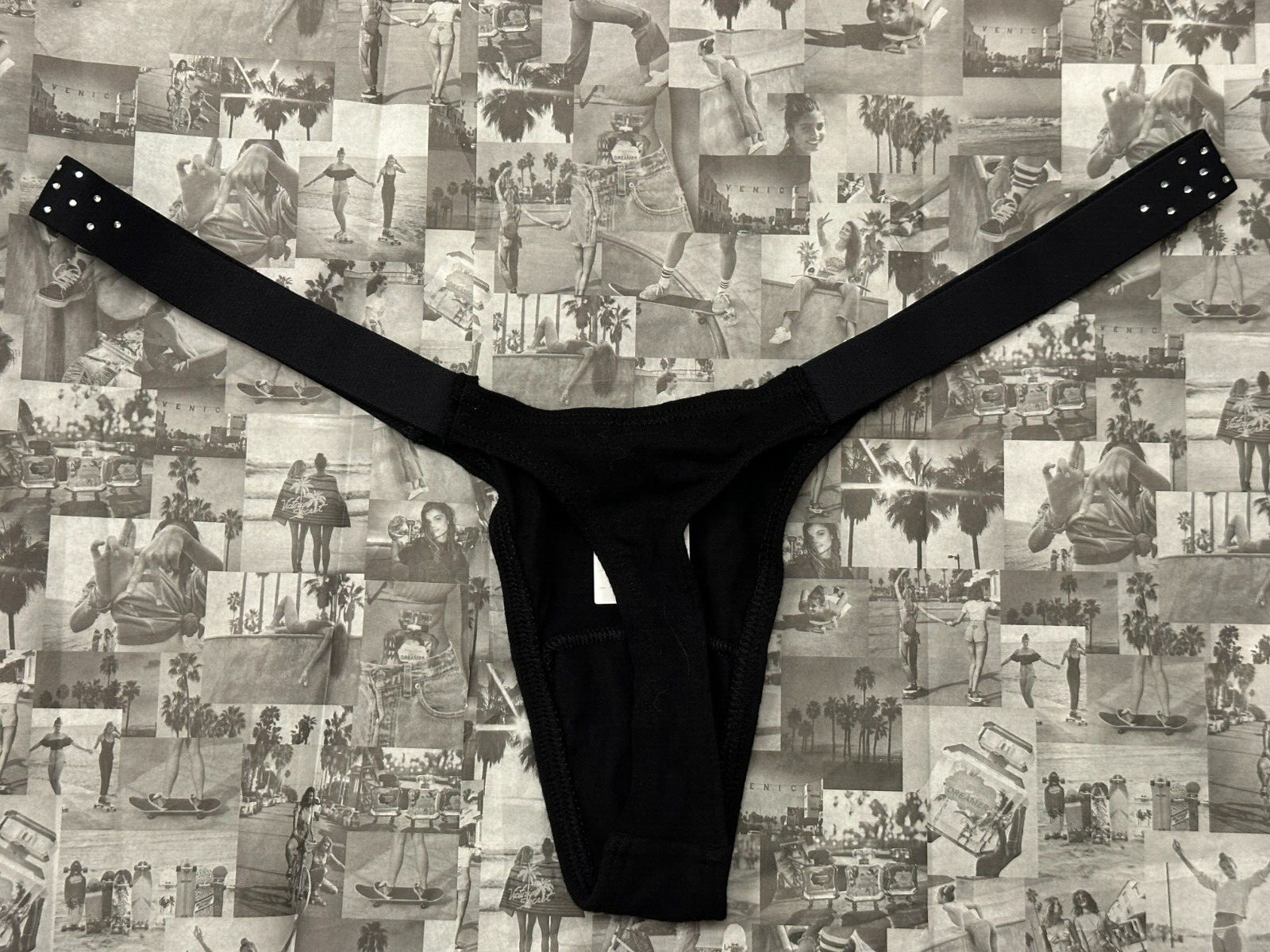 NWT Victoria’s Secret PINK Logo Cotton Shine Micro Thong Panty Black Diamante M
