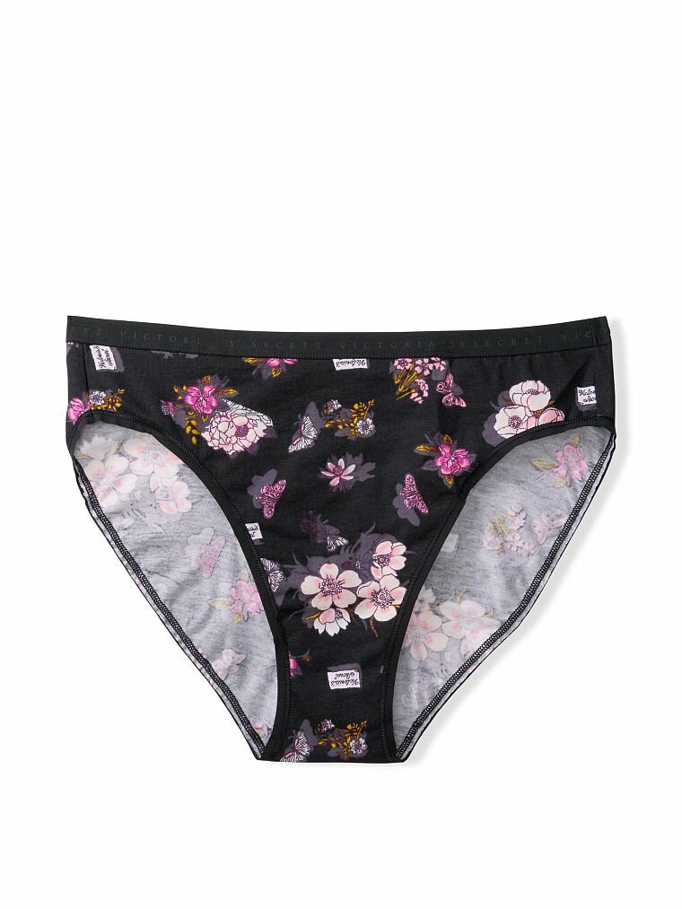 M NOIR Black Pink Floral Soft Cotton Victorias Secret High-Leg Waist Brief Panty