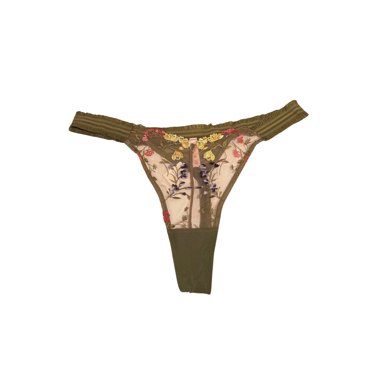 Anthropologie Embroidered Mesh Thong Panties Olive Green Floral Large
