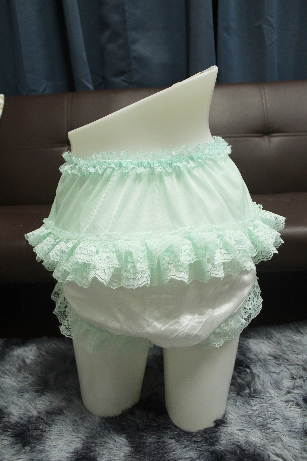 #A324 2XL/ElasticW.24-42″ Vintage Style 2PCS Green Nylon Half Slip + White Brief