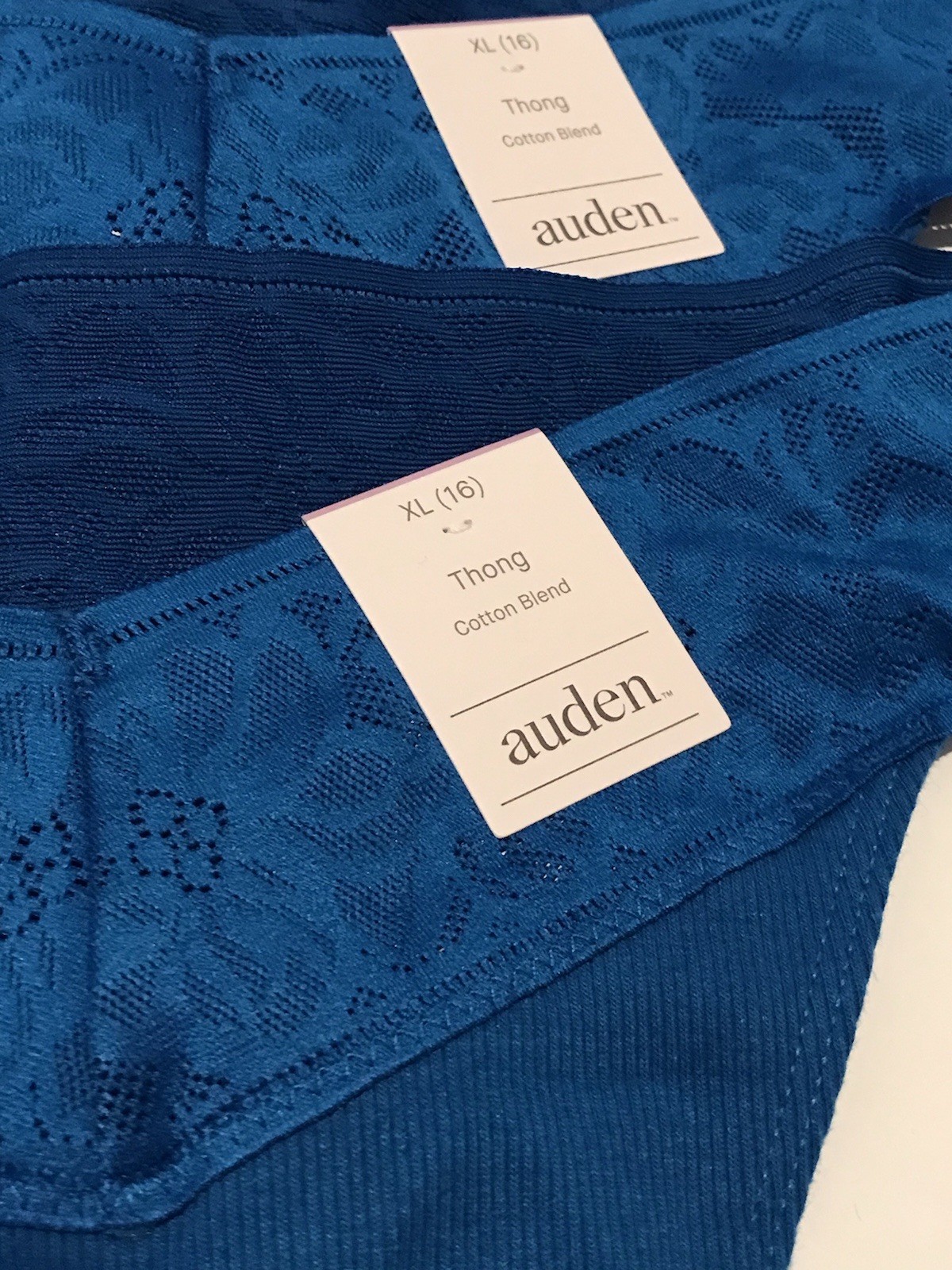 Set of 6 AUDEN Cotton Blend Ribbed Thongs XL 16, Lace, Teal Blue