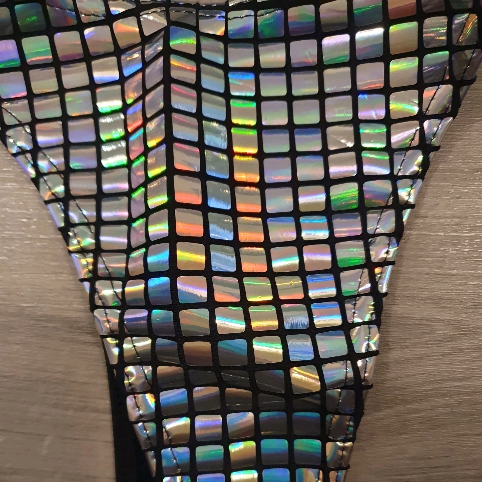BNWOT Black & Silver PVC Holographic Squares High Cut Thong Size Large