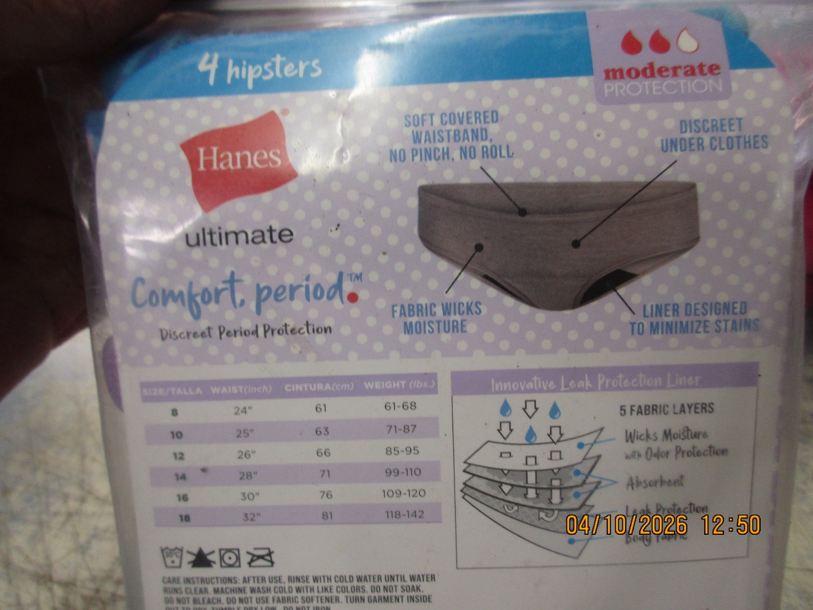 NEW 4 Pack Hanes Comfort Period Moderate Panties Microfiber Hipsters Size 16