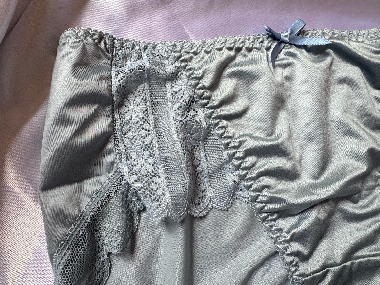 Ice Silver Blue Silky Satin Lace Trim Hip Bikini Brief Panties Sz Med