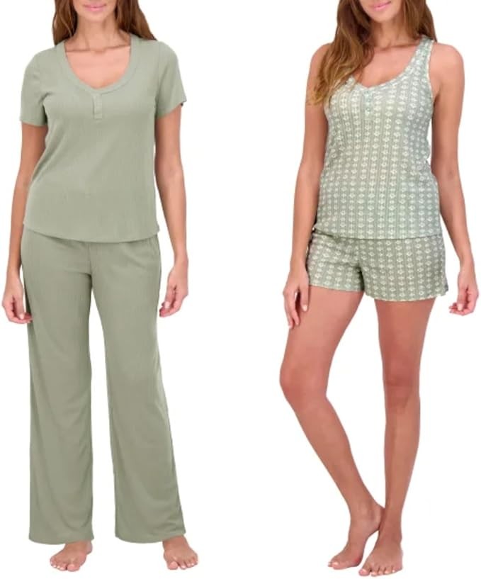 Live 2 Lounge Women’s 4 Piece Pointelle Lounge Wear Pajama Set, Green, Small