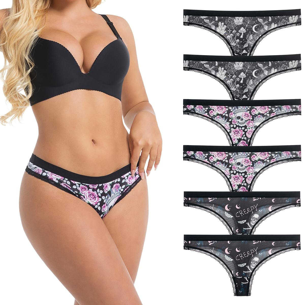ELFFREYA Gothic Floral Print Thong Panties Set, 6 Pack, Skull Rose Pattern,
