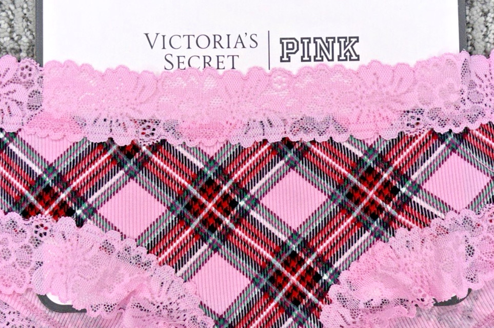 Victoria’s Secret PINK NWT Small Pink Plaid Lace Trim Cheeky Panty Cute Wink