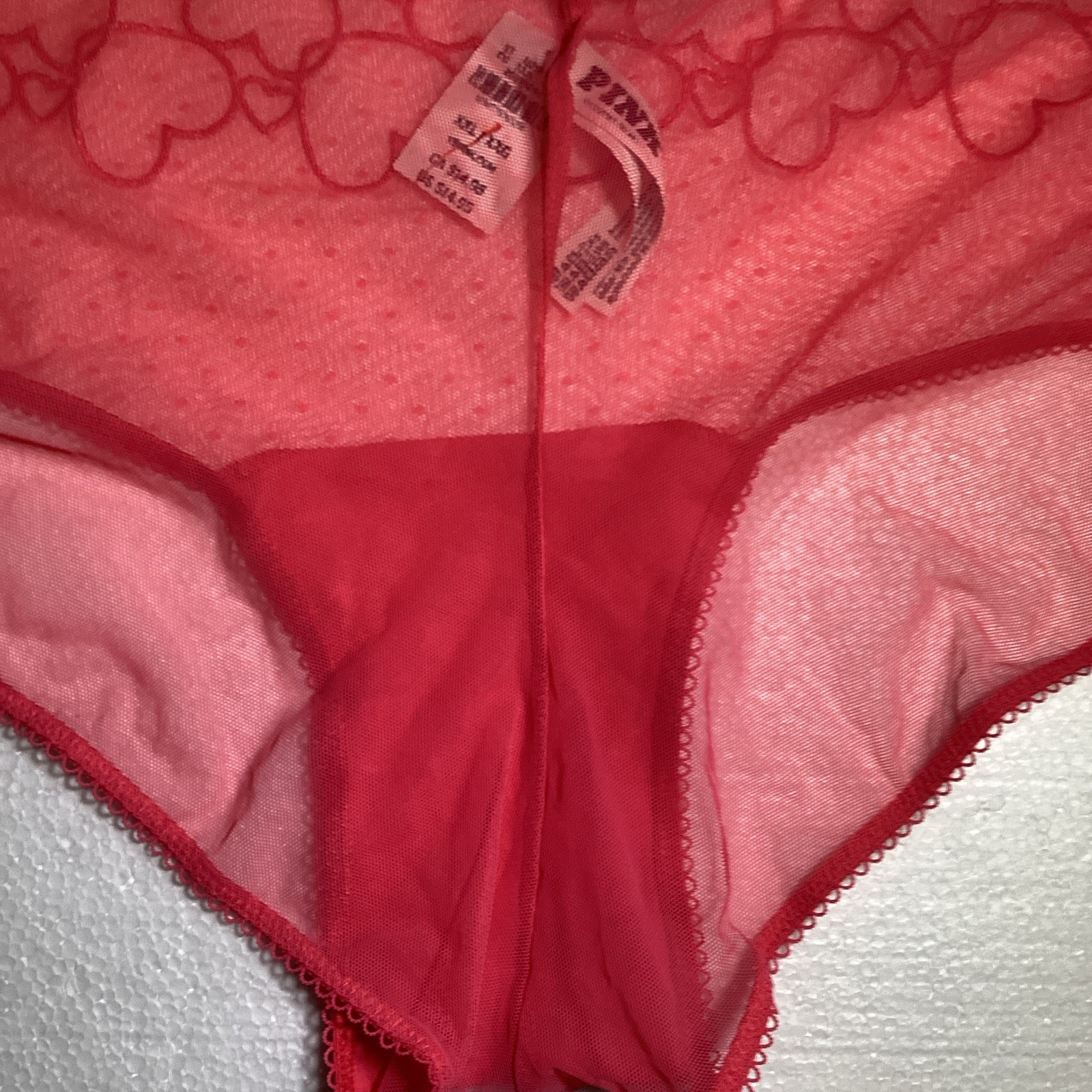 PINK Women’s Pink Sheer Stretch Mesh Heart Pattern Hipster Panties, Size L
