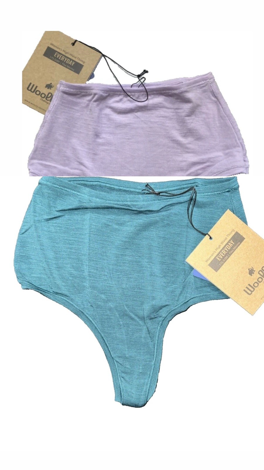 2 PACK Woolly Women’s High Waisted Thong, 95% Merino Wool , Lilac Teal 2XL