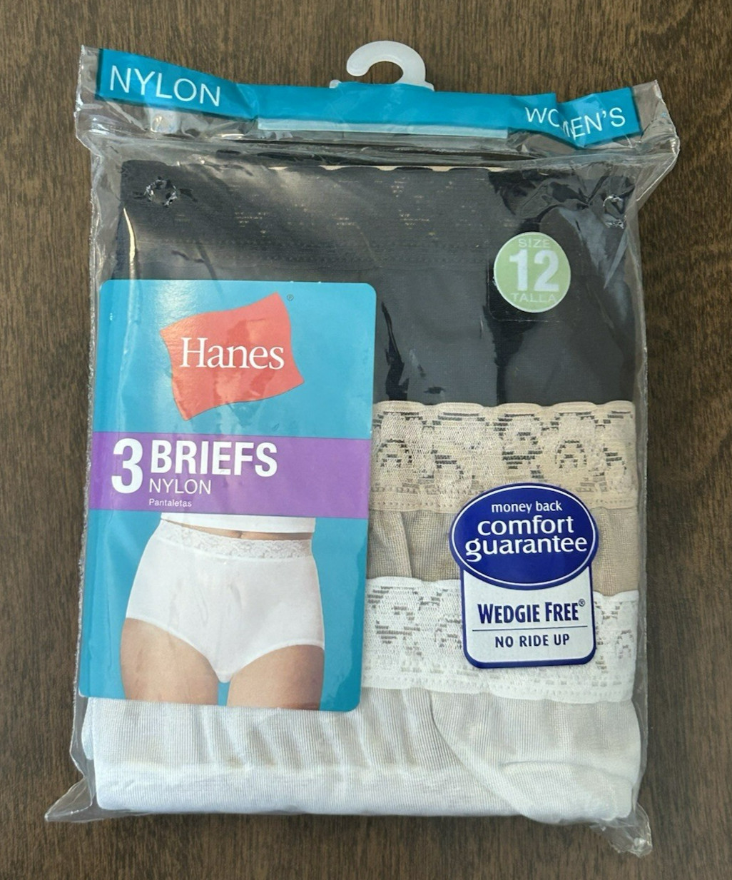 NIP HANES NYLON BRIEFS LACE WAIST COTTON LINER 3 PACK WOMEN’S S1ZE 12